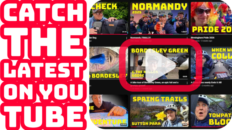 A collage of YouTube video thumbnails featuring various themes such as travel, events, and outdoor adventures, with a prominent play button overlay on one thumbnail.